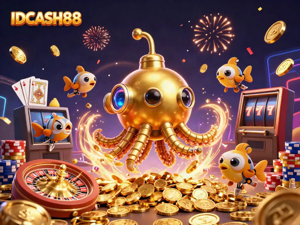 Experience thrilling wins at IDCASH88, with a golden kraken submarine amidst casino elements and excitement.