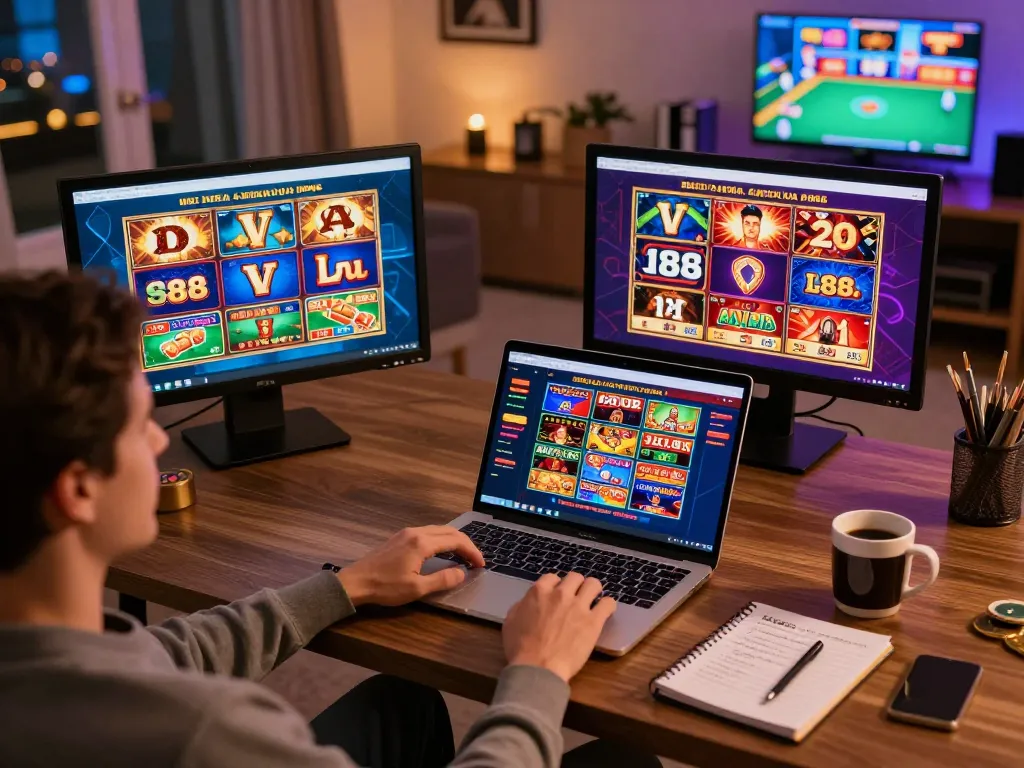 Player enjoying online gaming on LC88 platform with vibrant game interface and strategic notes