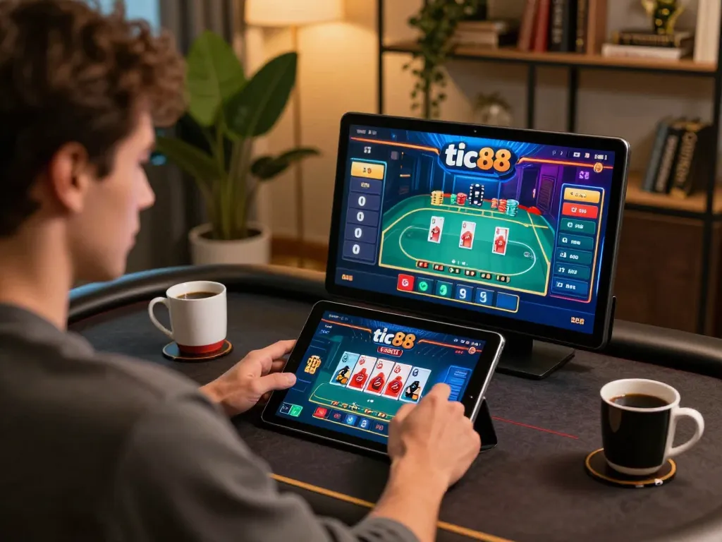 Engaging online gaming session at tic88 casino on a tablet, showcasing poker interface and cozy atmosphere
