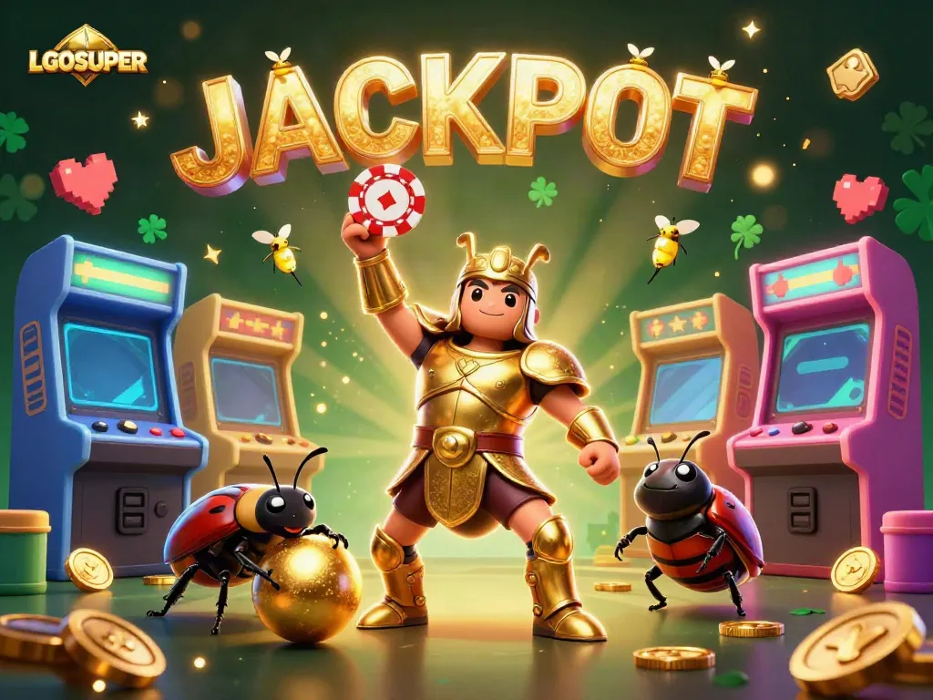 Enhance your gameplay at LGOSUPER while celebrating victories with vibrant cartoon beetles and gaming elements.