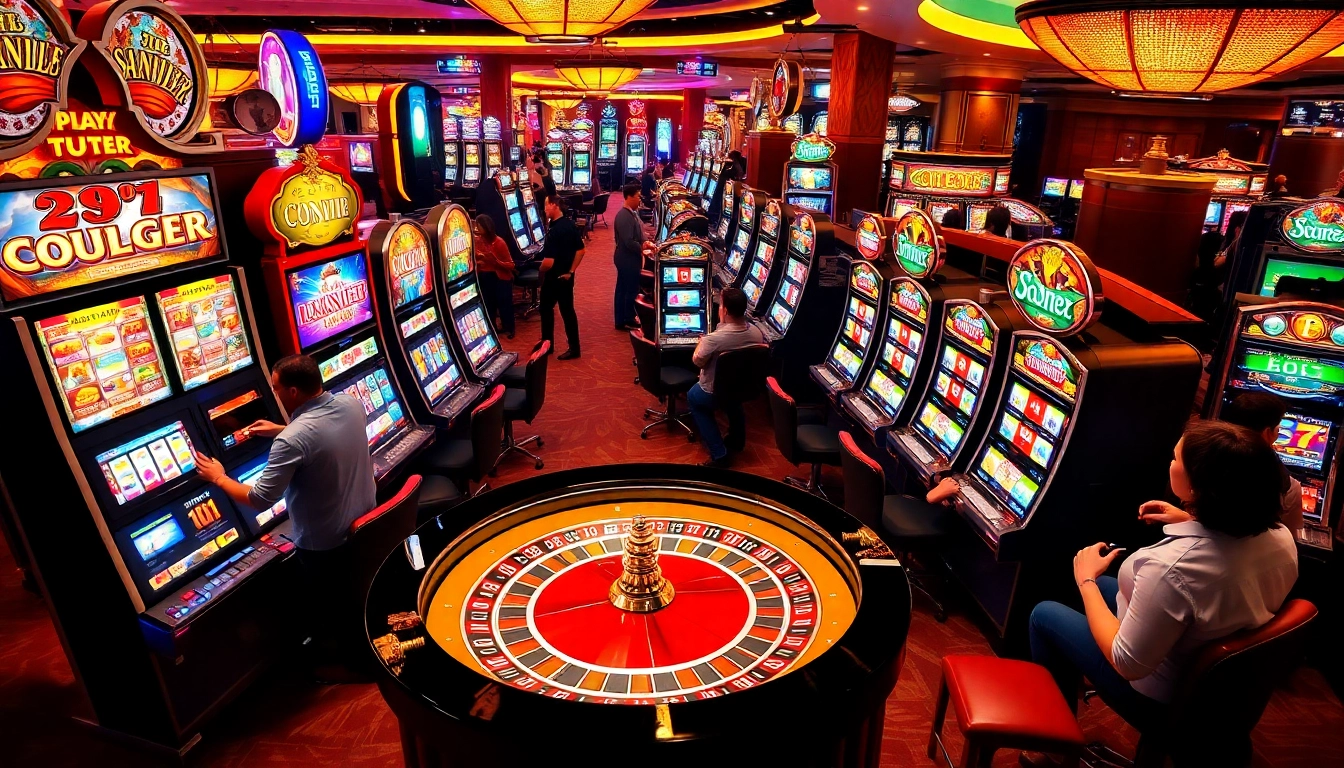 Players enjoying the excitement of slot777 with vibrant slot machines and roulette wheel in a luxurious casino.