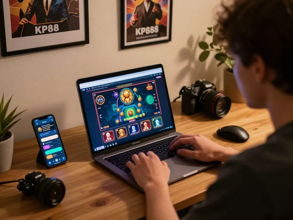 Player engaging with KP88 online casino on laptop, showcasing responsible gaming setup.