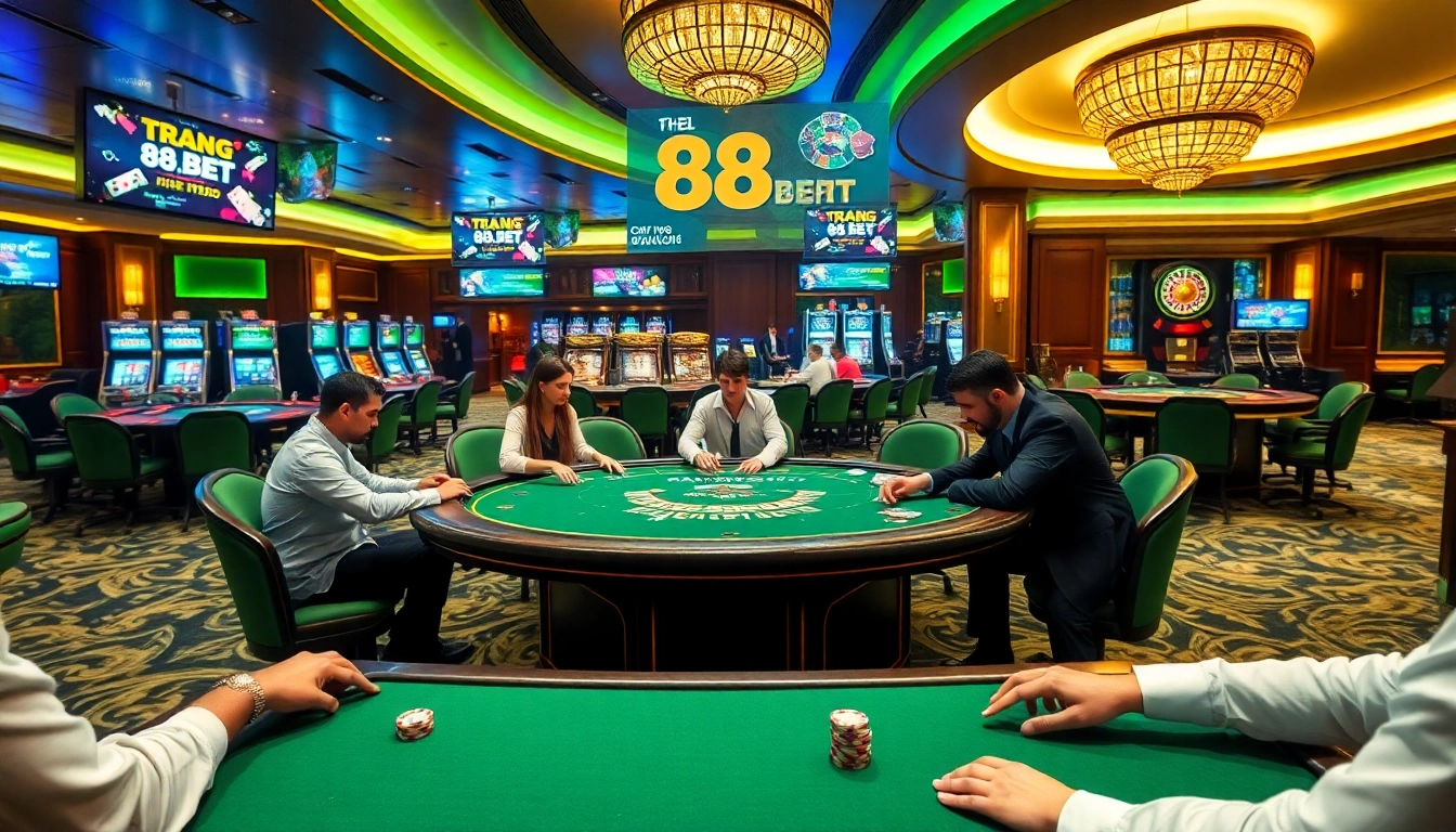 Players engaging in a high-stakes game at the trang chủ 88bet blackjack table, featuring dynamic casino elements.
