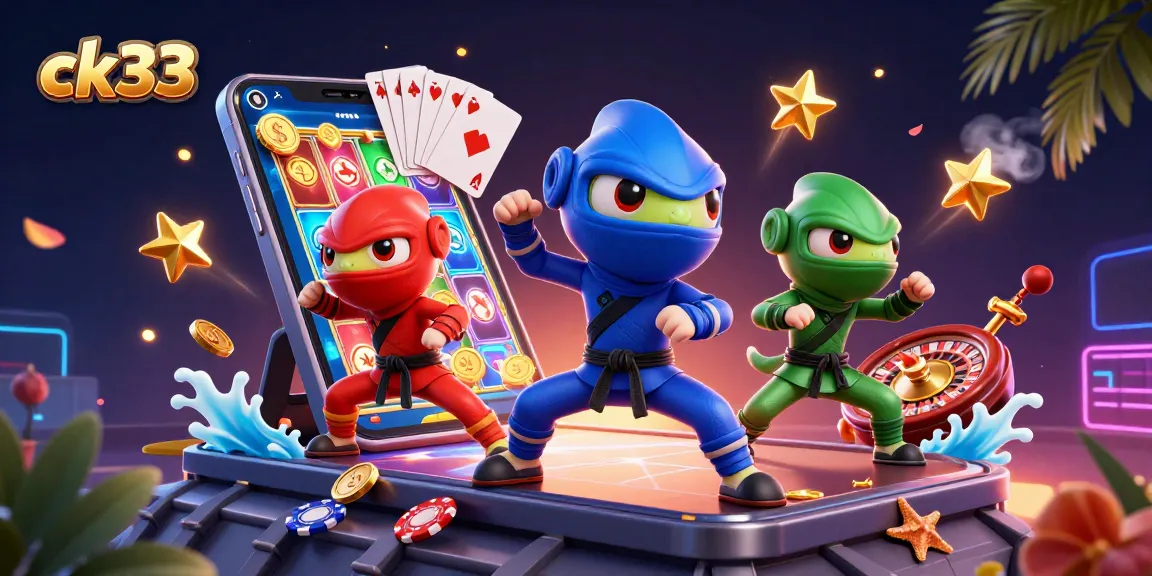 Experience thrilling gameplay with ck33, as colorful chameleon ninjas engage in a dynamic casino scene.