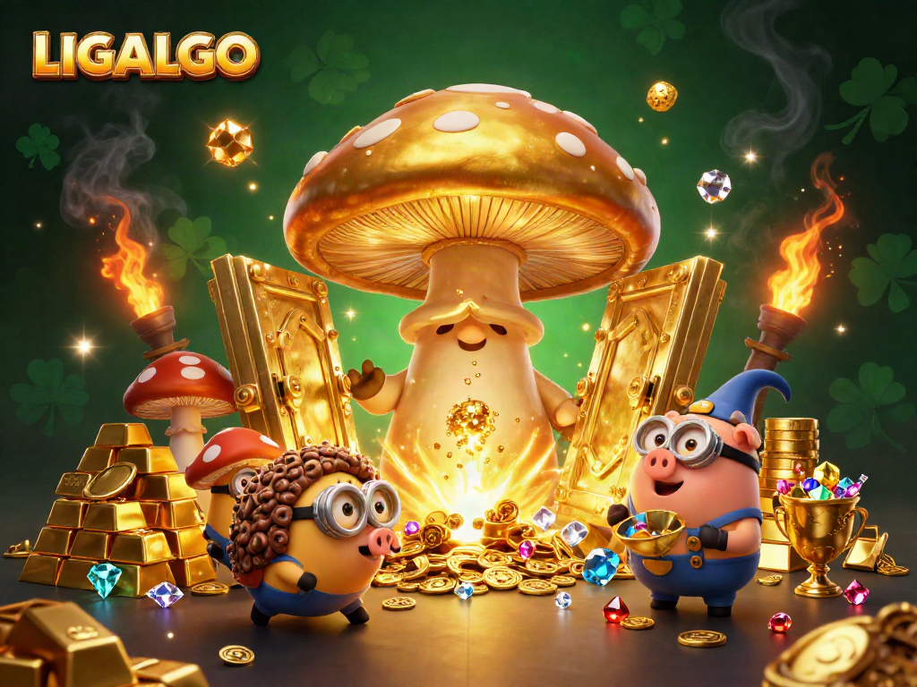 LIGALGO showcases a magical scene with a golden wizard, pig, and jewels illustrating the excitement of online gaming.
