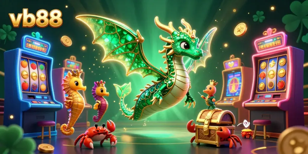 Engage in thrilling slots at vb88 with a gleaming emerald sea dragon and vibrant casino elements.