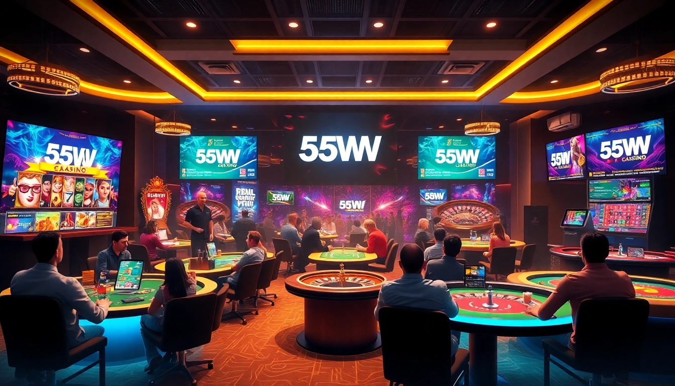 Exciting online casino scene featuring 55WW players enjoying slots and table games.