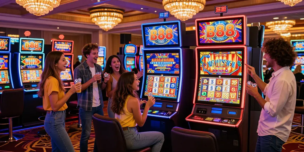 Excited friends celebrating a jackpot on slot88 machines in a vibrant casino atmosphere.
