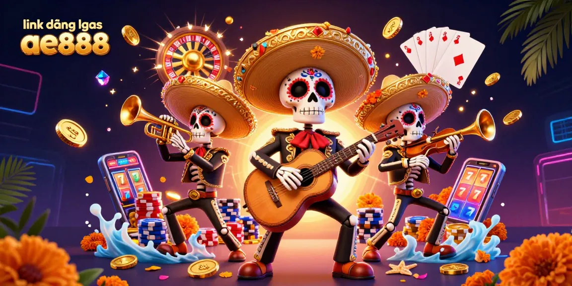 Immerse in the dynamic scene with link đăng nhập ae888 showcasing vibrant skeleton musicians, casino elements, and lively color schemes.