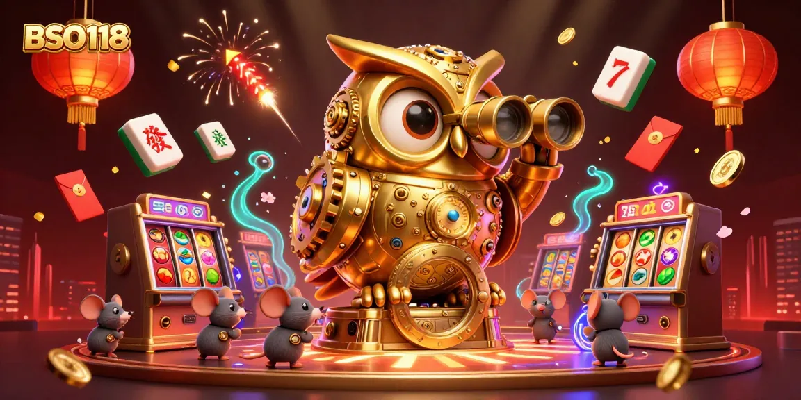 Engage with BSO118 in a vibrant casino scene full of lively slot machines and whimsical characters.
