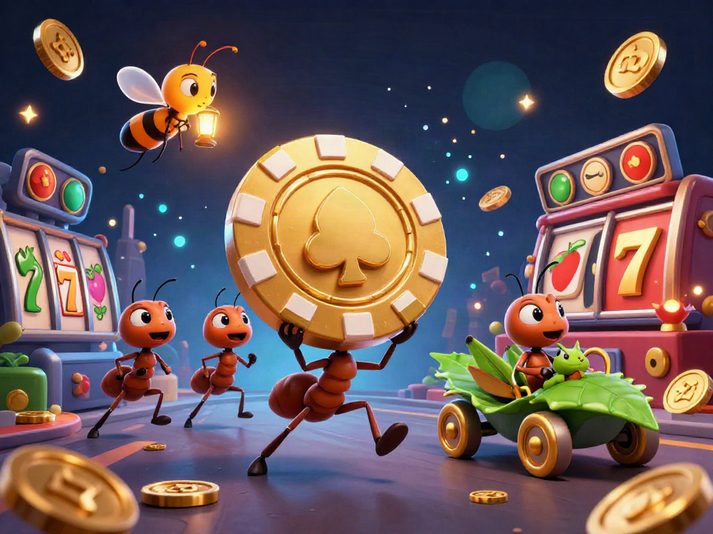 Engaging scene with o8-themed ants heist and large poker chip during casino heist