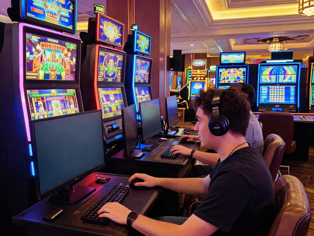 Player engaging with NET88 online gaming interface, vibrant casino atmosphere with slot machines and live dealer.