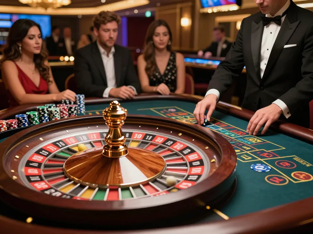 77WIN players strategizing on a vibrant roulette table in a luxurious casino atmosphere