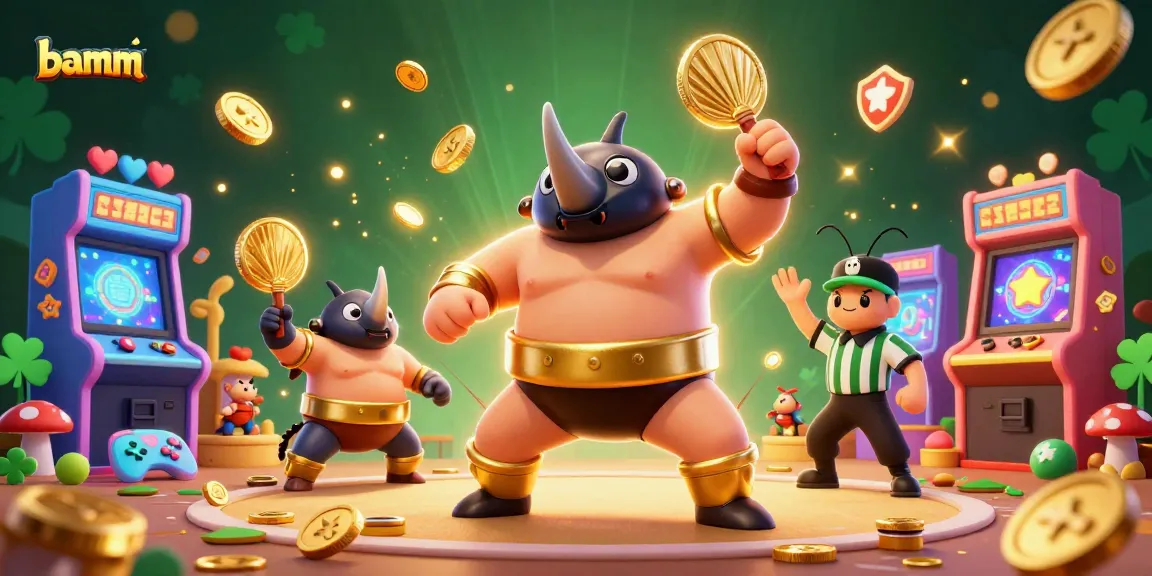 bamm showcases an exciting casino-themed scene with a rhinoceros beetle champion amidst falling coins and game elements.
