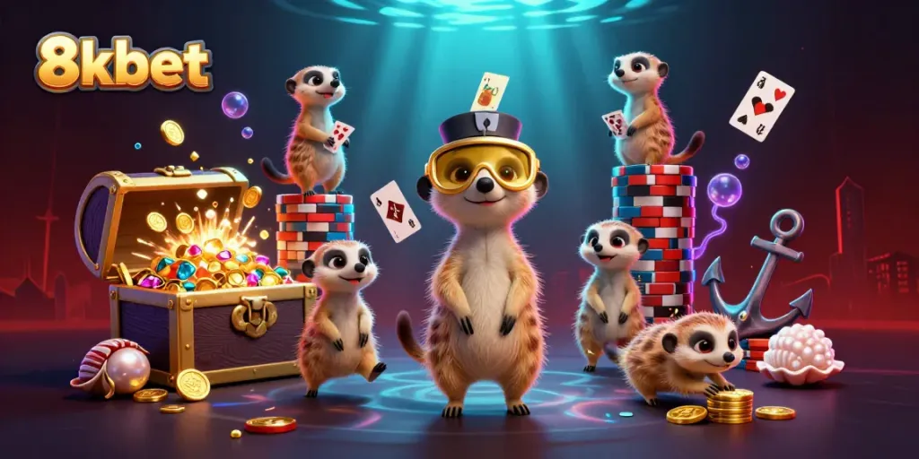 Experience the exciting 8xbet casino with lively meerkats playing games and sneaking chips.