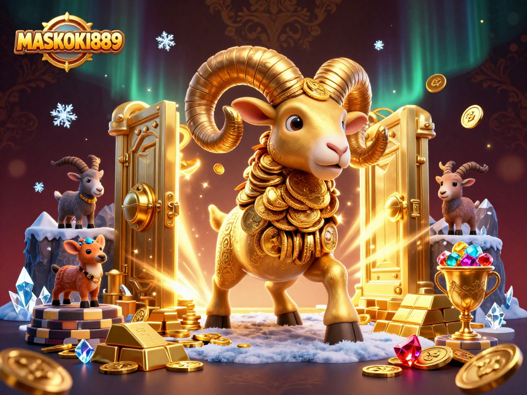 Experience the thrill of MASKOKI889 as a golden ram charges towards treasure in a dynamic casino scene.