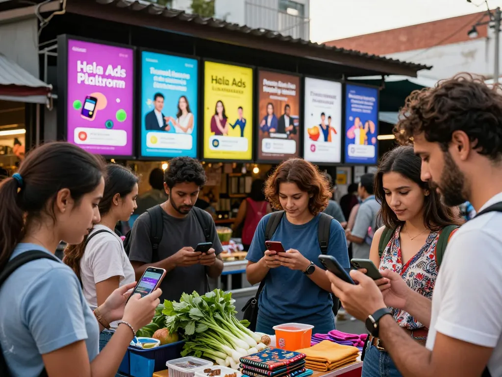 Engaging scene of Hela Ads in a bustling urban marketplace with diverse people exploring local business ads.