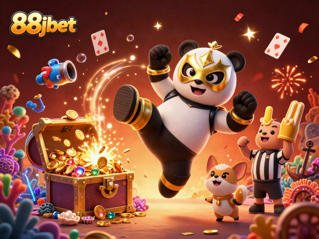 Experience excitement with the vibrant scene of 88jbet, featuring a flying panda wrestler.