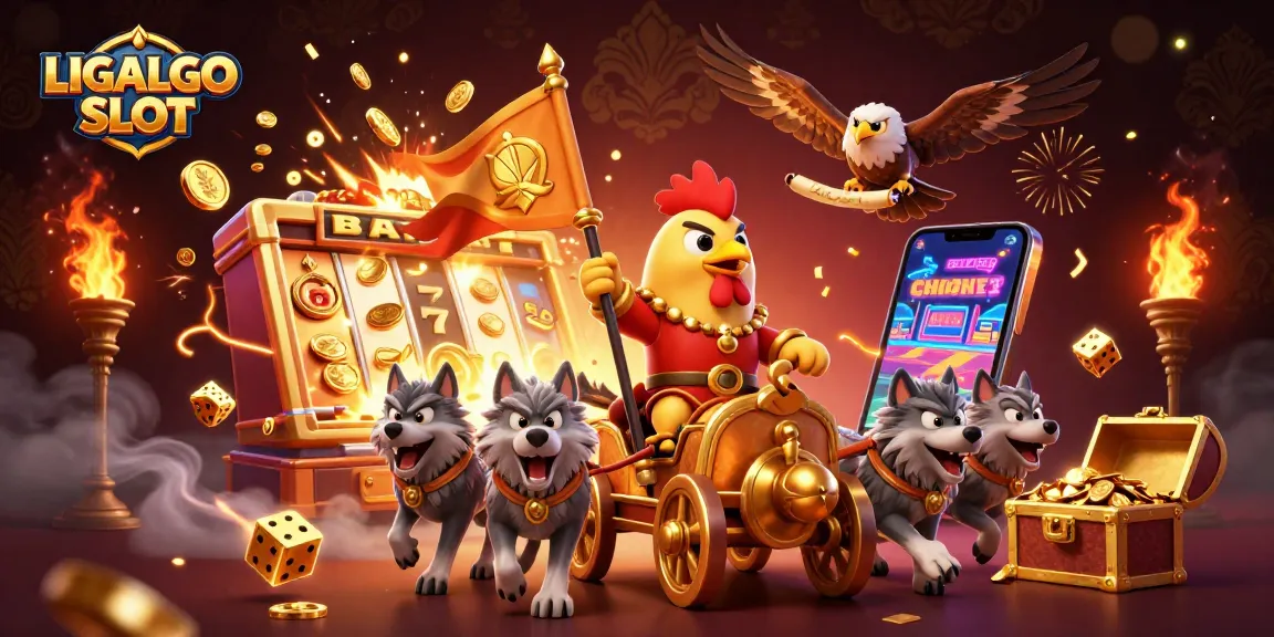 LIGALGO SLOT unleashes excitement with a 3D illustration showcasing a dynamic rooster warlord, slot machines, and celebratory symbols.