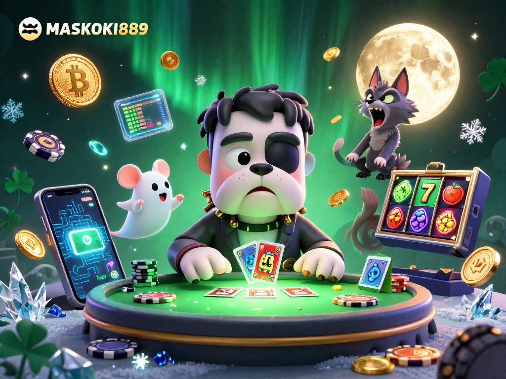 Engage with MASKOKI889 in a lively 3D casino scene featuring unique characters and exciting slots.