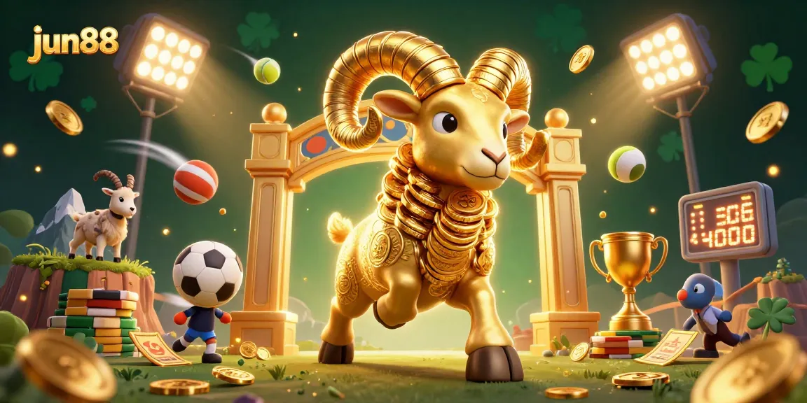 Experience thrilling wins at jun88 with a dynamic casino scene featuring golden ram and sports elements.