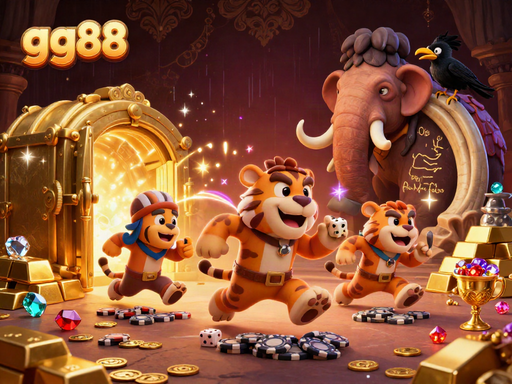 Experience thrilling moments at gg88 with a 3D casino scene featuring unique characters and vibrant treasures.
