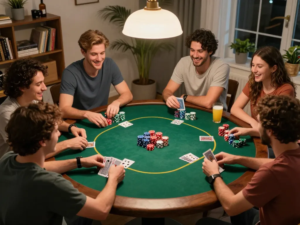 CM88 poker night with friends enjoying casual gameplay and lively conversation around the table.