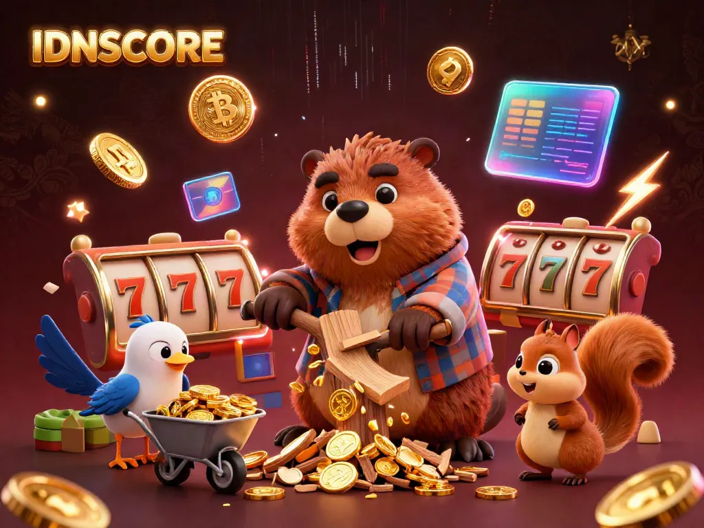 Experience thrilling slot action with IDNSCORE's vibrant digital scene of characters amid shiny coins.