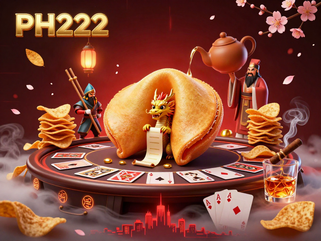 Experience the magic of PH222's golden fortune cookie scene filled with poker chips and dragons.