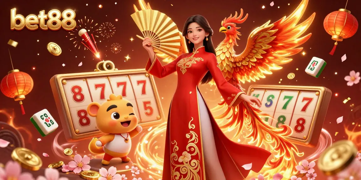 Experience exciting gaming at bet88, featuring dynamic slot reels and captivating Asian-themed elements in an engaging casino scene.