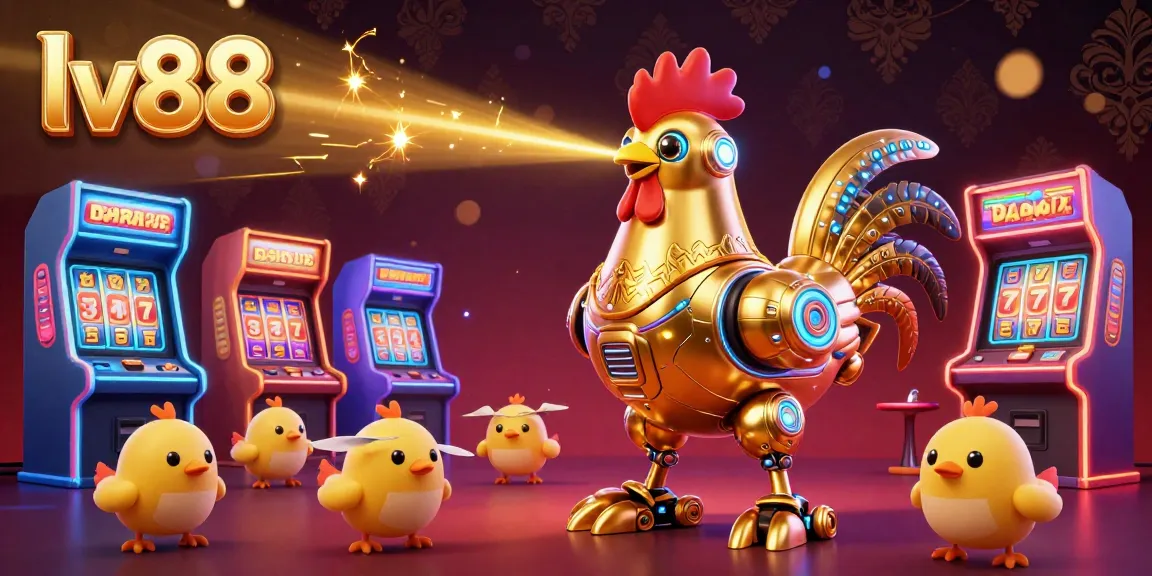 Engage in thrilling gameplay at lv88 with a dynamic showdown between a golden rooster robot and baby chick drones surrounded by slot machines and colorful game elements.