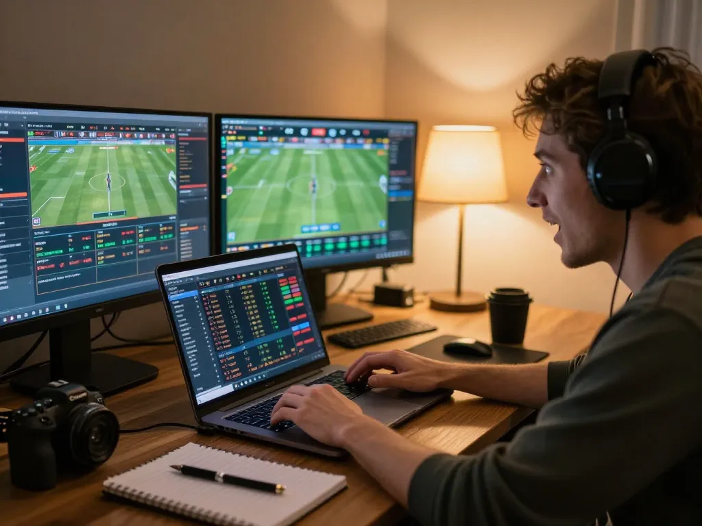 MM88 player analyzing live sports betting options on laptop, focused on winning strategies