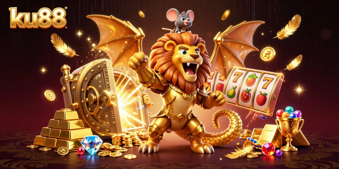 ku88 ignites excitement with a vibrant 3D casino scene showcasing riches, slots, and dynamic games.