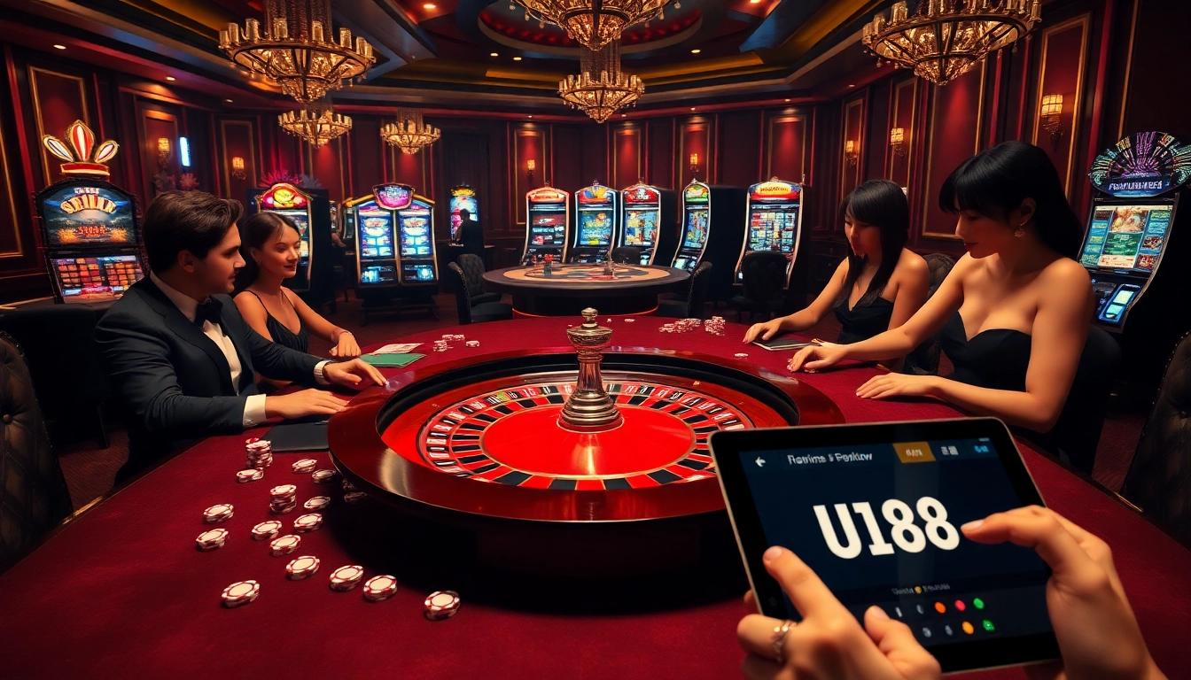 Players experience the excitement of UU88 casino games while engaging in a vibrant roulette and poker scene.