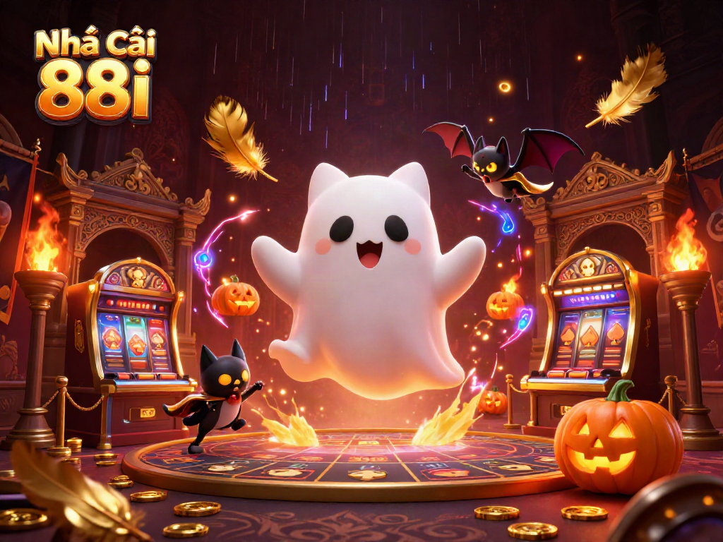 Engaging illustration of Nhà cái 88i, showcasing a ghost cat and bat in a haunted casino.