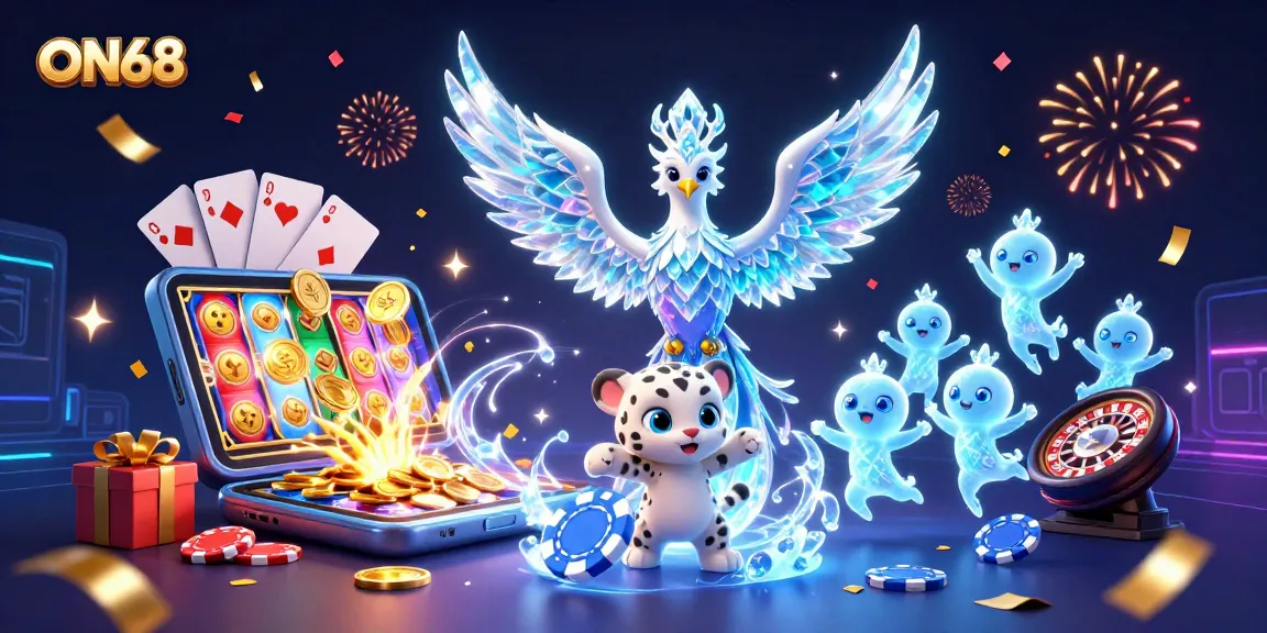 ON68 enjoys a vibrant celebration in this lively casino scene filled with colorful slot games and festive elements.