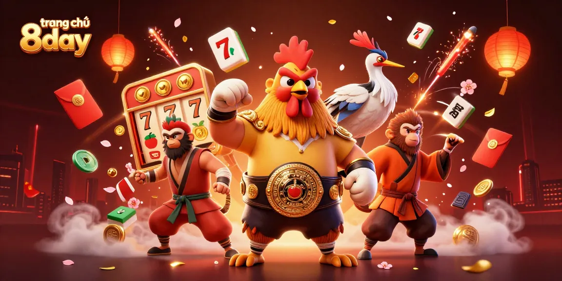 Engage in exhilarating gameplay at trang chủ 8day with our dynamic gaming scene featuring slot reels and vibrant characters.