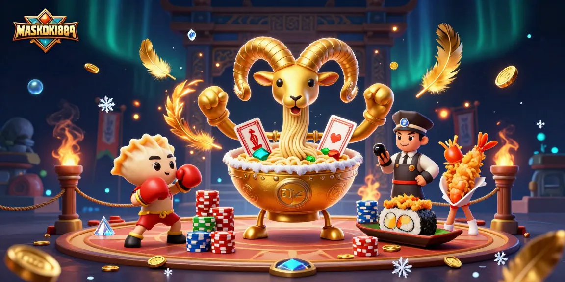 Experience the thrill of MASKOKI889 with vibrant casino characters in a dynamic online gaming setting.