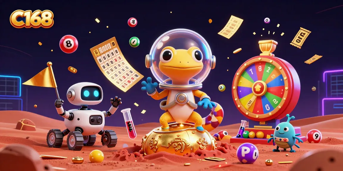 C168 features a Martian gecko uncovering a golden casino amidst vibrant lottery elements, promoting thrilling gaming.