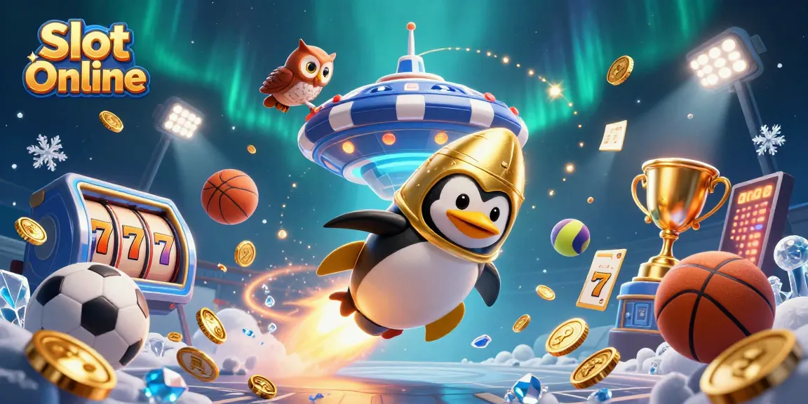 Experience thrilling Slot Online action with a golden penguin at a vibrant casino space station.