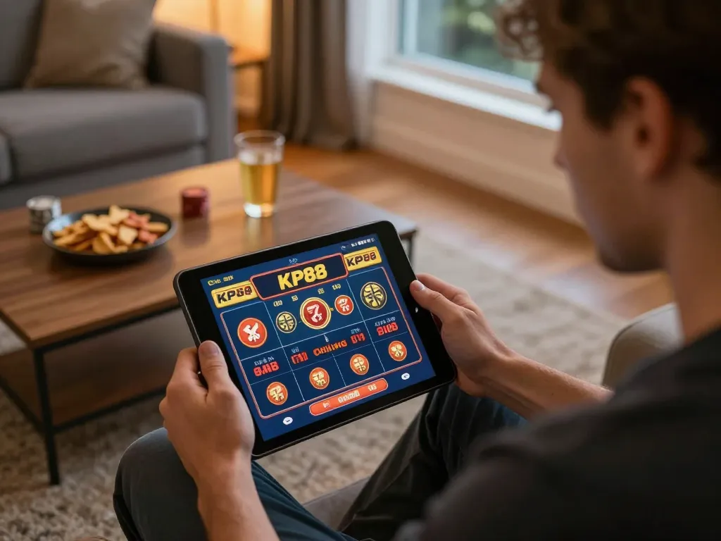 Engaging KP88 gaming session showcasing a player using a tablet for strategic online betting.