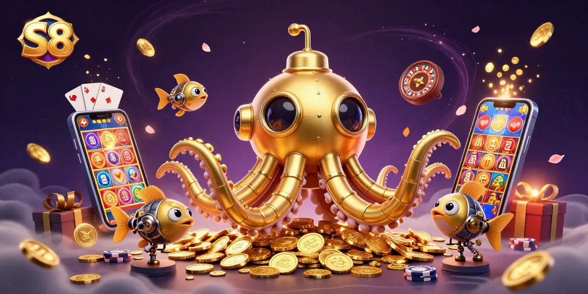Spin the reels and win at S8's online casino featuring a dynamic 3D illustration with a golden kraken and slot games.