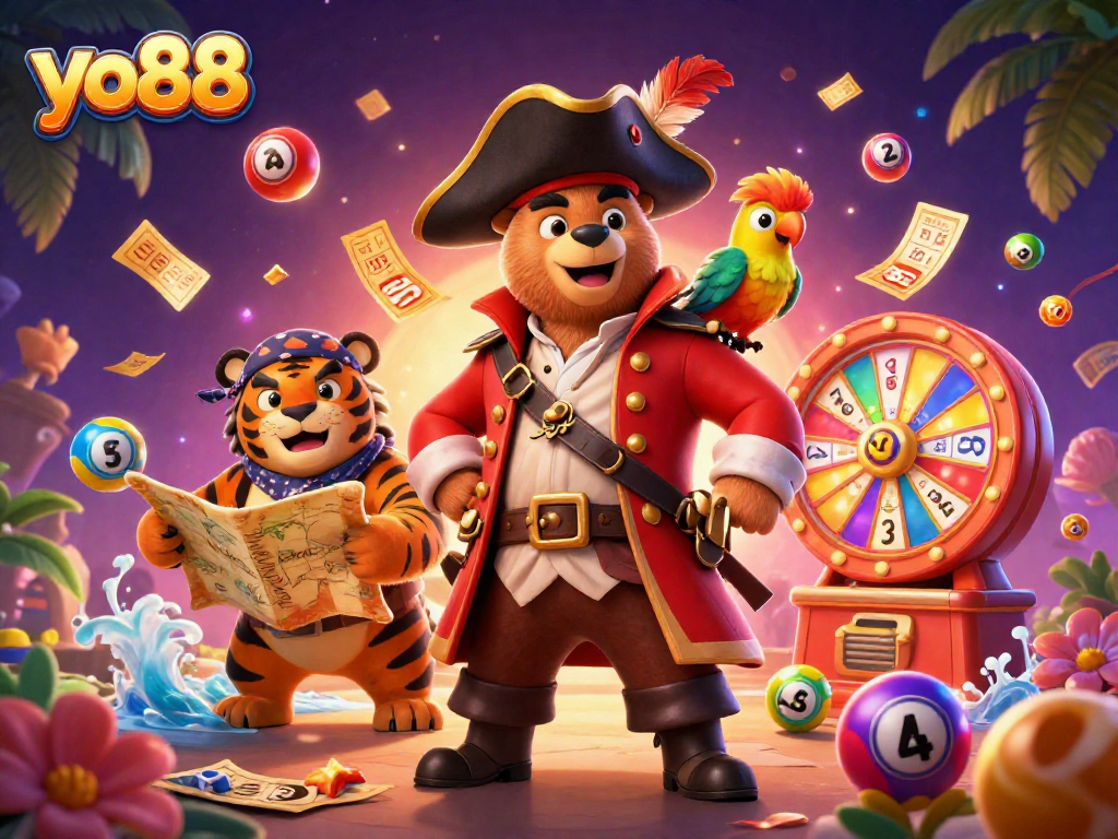 Join the excitement at yo88 with this vibrant 3D illustration filled with colorful lottery elements and characters!