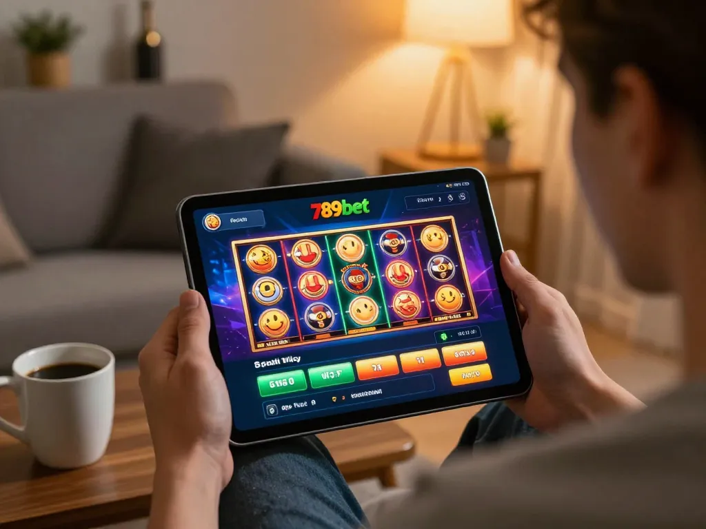 Engaged player using 789bet app on tablet during a cozy home gaming session.