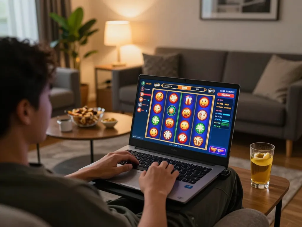 Player engaging in O8 online casino gaming on laptop with snacks and drinks in cozy home setting.