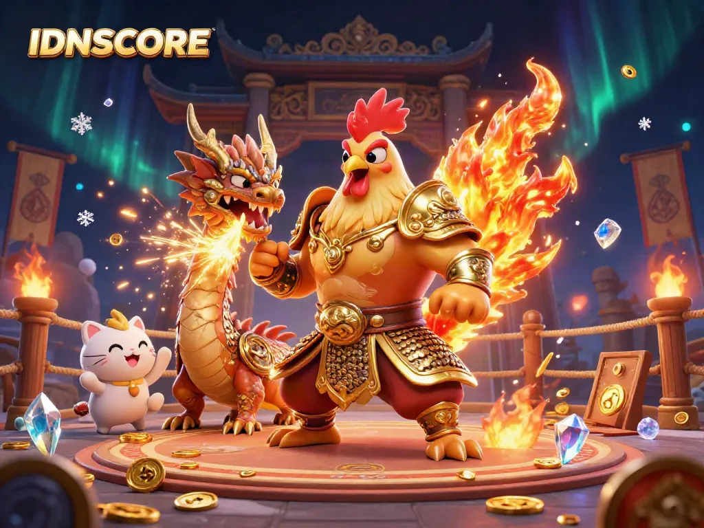 Experience thrilling gameplay with IDNSCORE's dynamic 3D illustration of a courageous rooster warrior and dragon hatchling amidst a vibrant gambling arena.