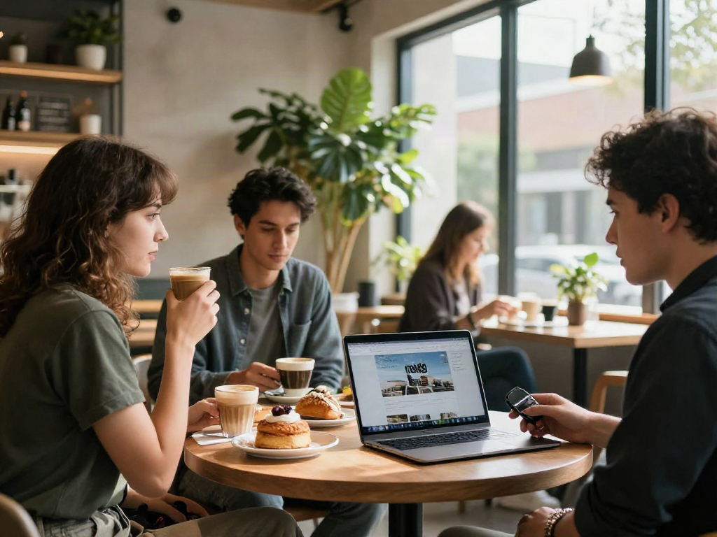 Relaxed café patrons engaging with rokok88 website on laptops.