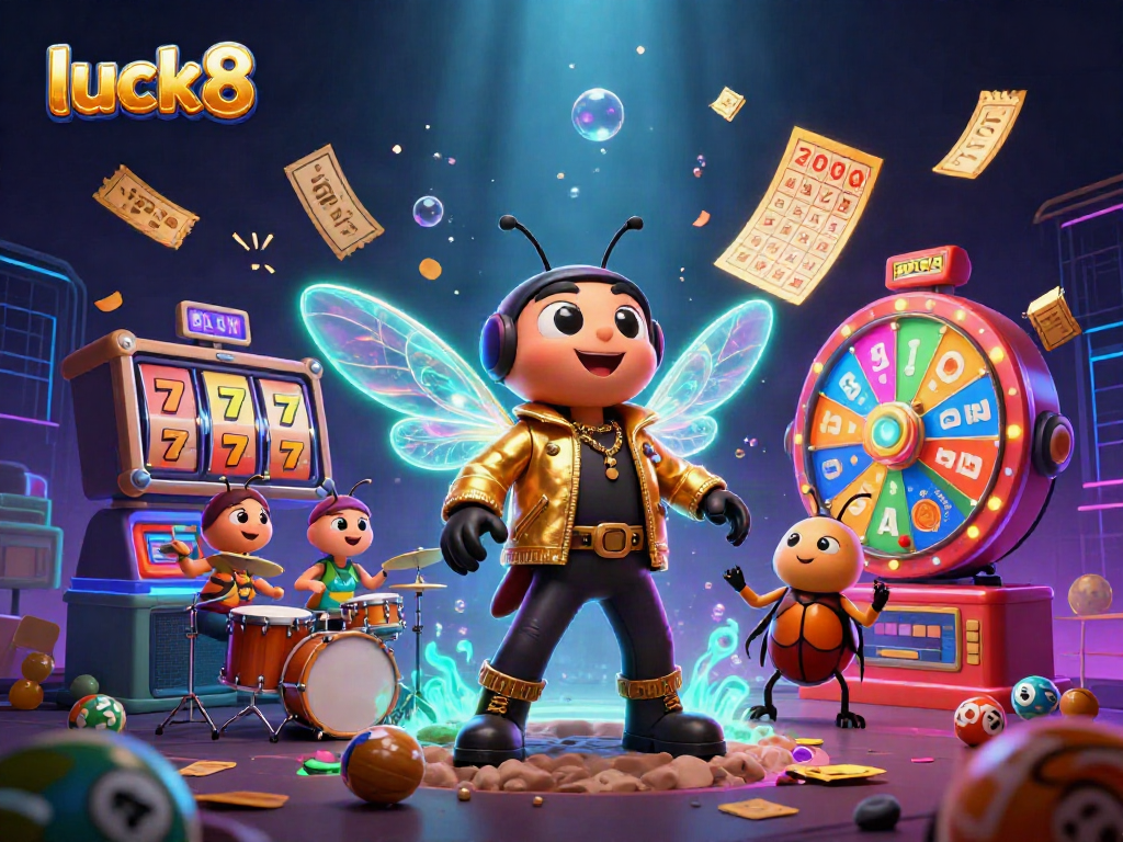 Luck8's lively scene featuring a rock star cicada and dynamic slot game elements celebrates the thrill of winnings.
