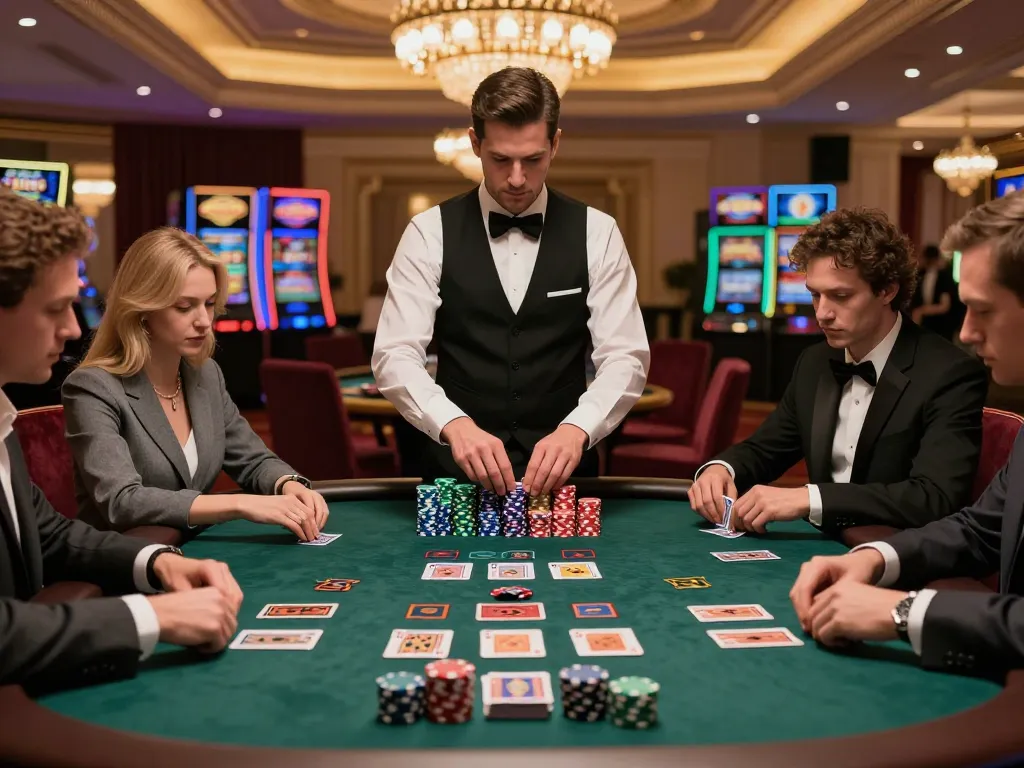 Players engaged at a high-stakes blackjack table in an upscale casino, experiencing fly88 moments of strategic gameplay.