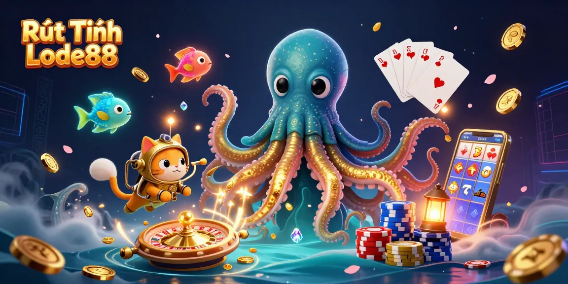Experience Rút Tiền Lode88 with a thrilling underwater scene featuring a kraken and diving cat.